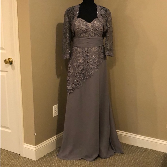 Grey Embellished Strapless Gown, Matching Bolero - Picture 1 of 10